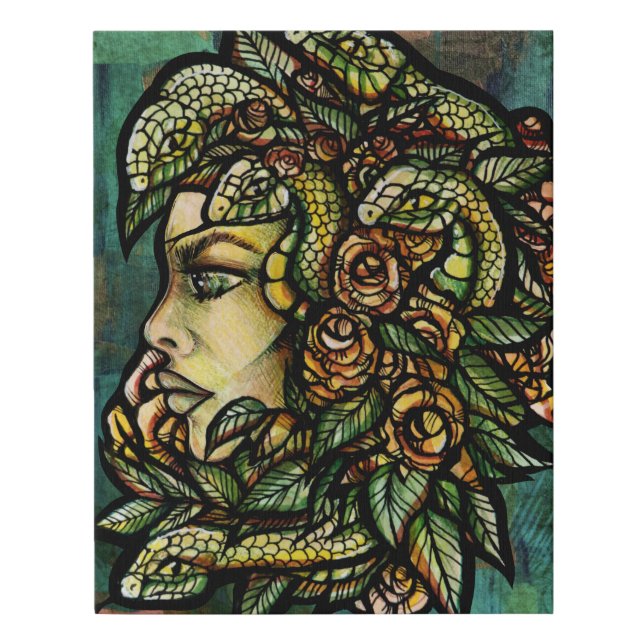 Green Medusa Snakes Rose Gorgon                    Faux Canvas Print (Front)
