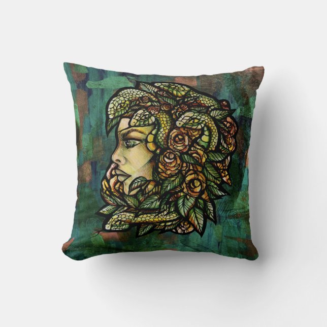 Green Medusa Snakes Rose Gorgon                    Throw Pillow (Front)