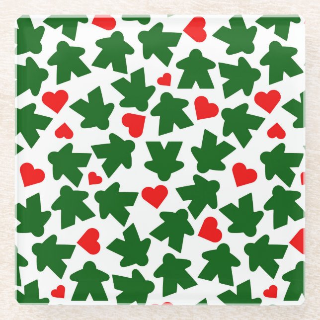 Green Meeple with Red Heart Glass Coaster (Front)