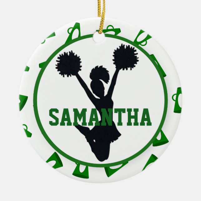 Green Megaphones and Cheerleader Personalized Ceramic Ornament (Front)