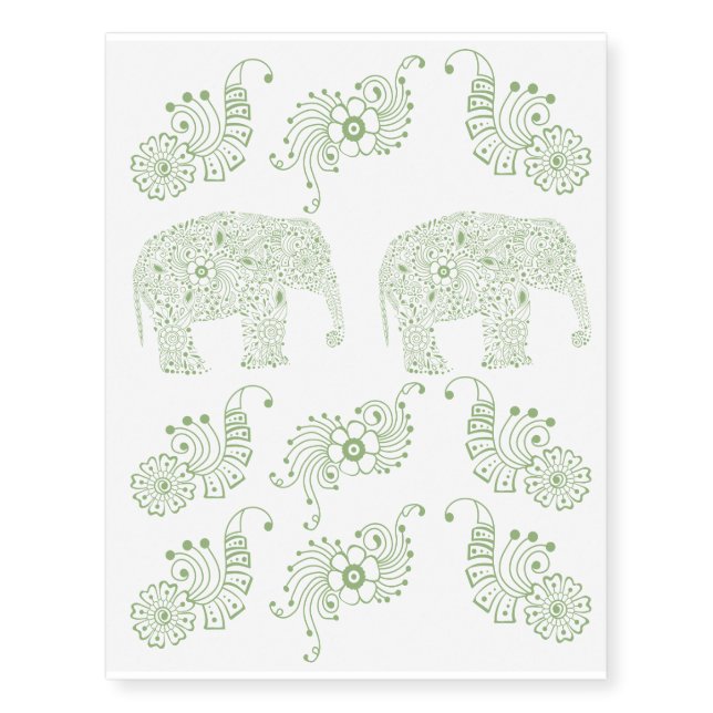 Green Mehndi  Baby  Elephant Temporary Tattoos (Front)