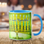 Green Menorah Peace Love Hanukkah Modern Script Mug<br><div class="desc">“Peace, Love, Hanukkah.” A close-up photo illustration of a bright, colorful, green and yellow artsy menorah helps you usher in the holiday of Hanukkah in style. Feel the warmth and joy of the holiday season whenever you drink out of this stunning, modern, colorful Hanukkah coffee mug. Makes a striking set...</div>