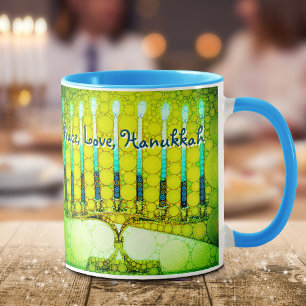 Green Menorah Peace Love Hanukkah Modern Script Mug