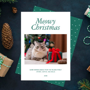 Green "Meowy Christmas" Personalized Photo Holiday Card