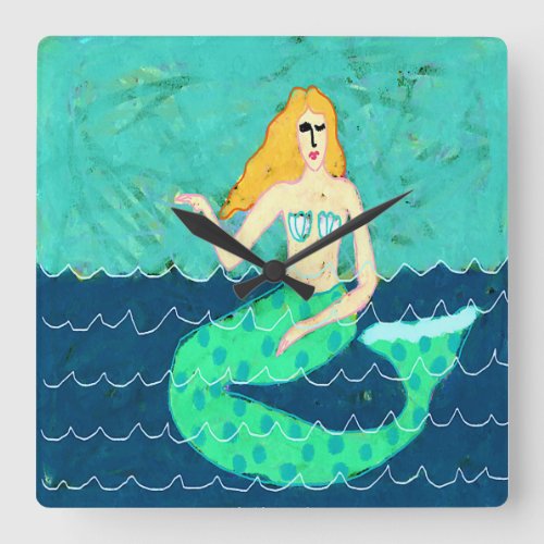 Green Mermaid Abstract Art Square Wall Clock