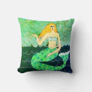 Green Mermaid Abstract Art Throw Pillow