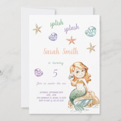 Green mermaid birthday invitation under the sea  invitation