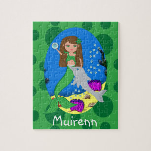 Green Mermaid in the Ocean with a Dolphin Jigsaw Puzzle