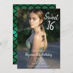 Green Mermaid Modern Photo Sweet 16 Party    Invitation