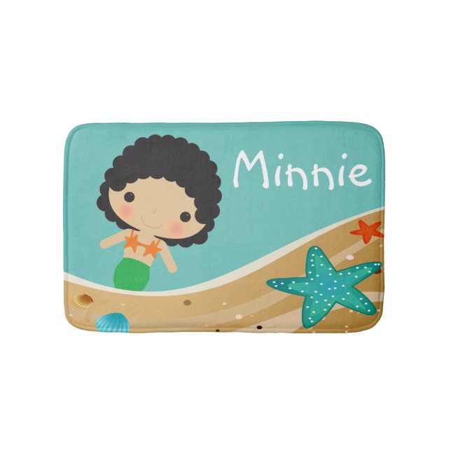 Green Mermaid with Curly Black Hair Personalize Bathroom Mat (Front)
