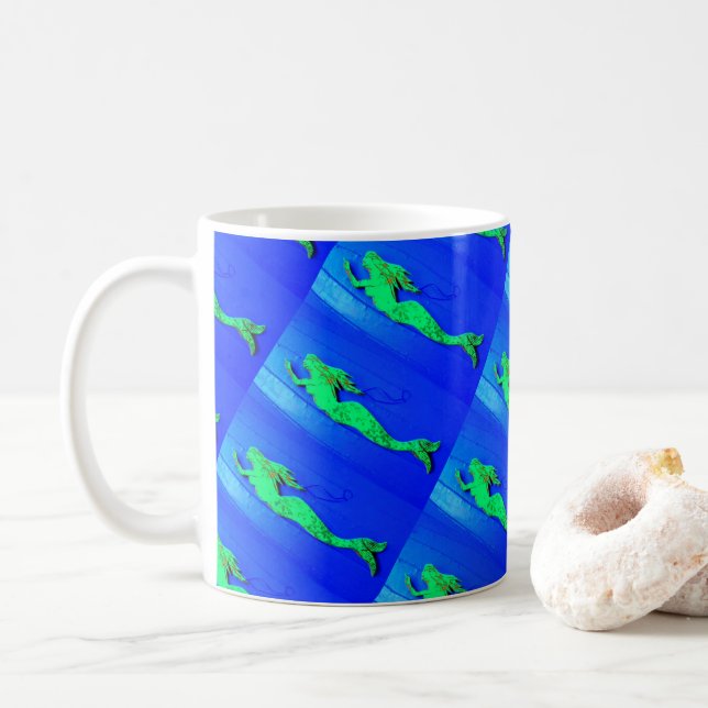 green mermaids swimming blue coffee mug (With Donut)