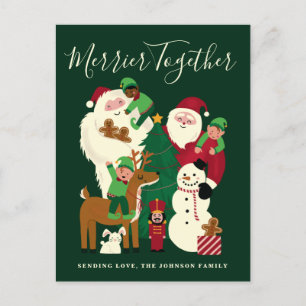 Green Merrier Together Santa and Friends Holiday Postcard
