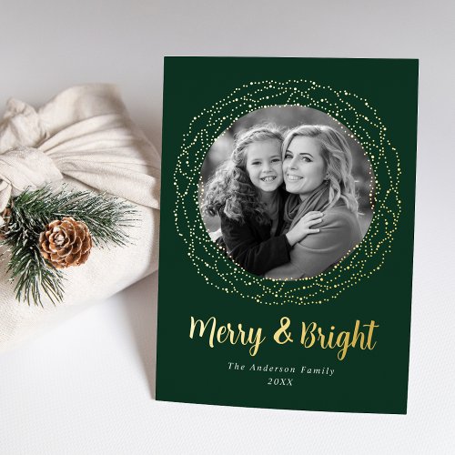 Green Merry and Bright Photo Foil Holiday Card