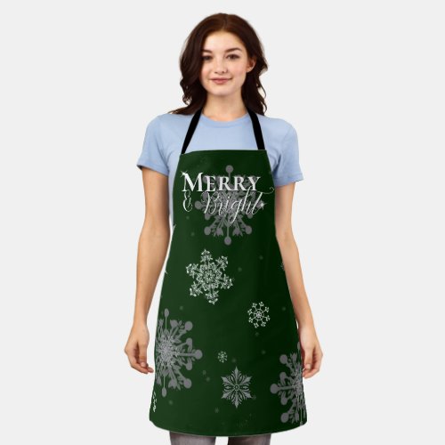 Green Merry and Bright Snowflakes Christmas Apron