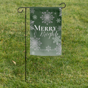 Green Merry and Bright Snowflakes Christmas Garden Flag