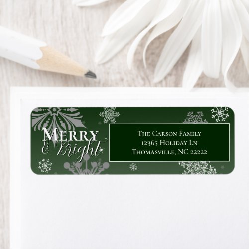 Green Merry and Bright Snowflakes Christmas Label