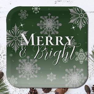 Green Merry and Bright Snowflakes Christmas Paper Plates