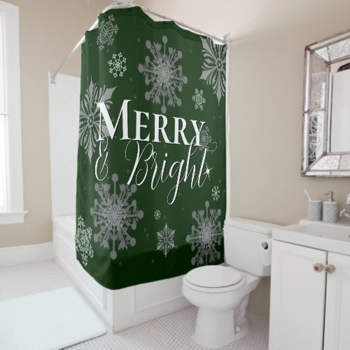 Green Merry and Bright Snowflakes Christmas Shower Curtain