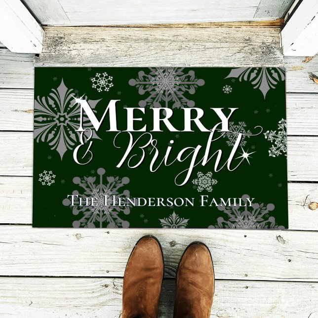 Green Merry and Bright Snowflakes Personalized Doormat (Green Merry and Bright Snowflakes Christmas Personalized Doormat)