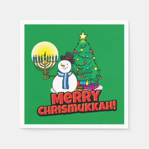 Green Merry Chrismukkah with Snowman and Menorah Napkins