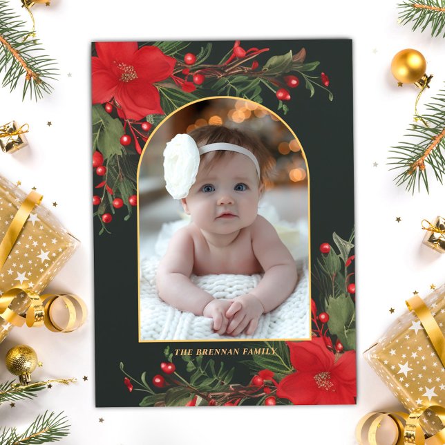 Green Merry Christmas 1 Photo Botanical Greenery Holiday Card (Green Merry Christmas 1 Photo Botanical Greenery Holiday Card)