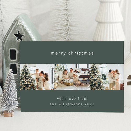 Green Merry Christmas 4 Photo Collage Horizontal Holiday Card