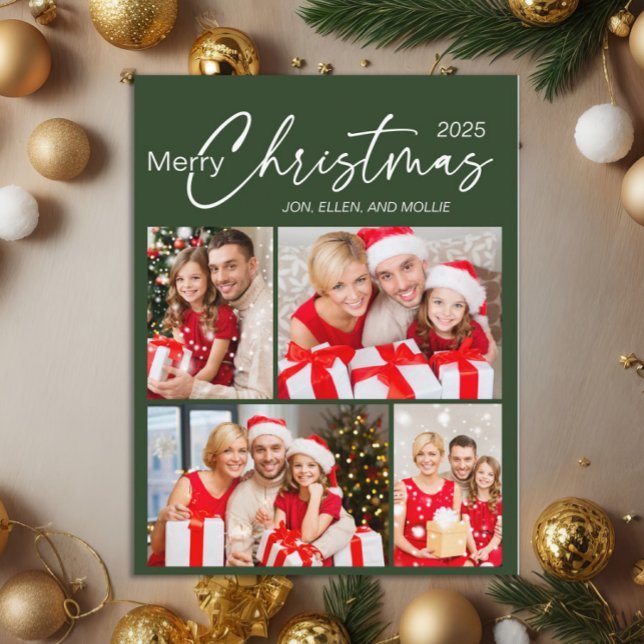 Green Merry Christmas 4 Photo Holiday Postcard (Green 4-photo Christmas greeting postcard)