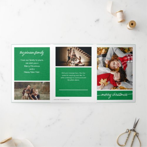 Green Merry Christmas 5_Photo Family Letter Tri_Fold Holiday Card