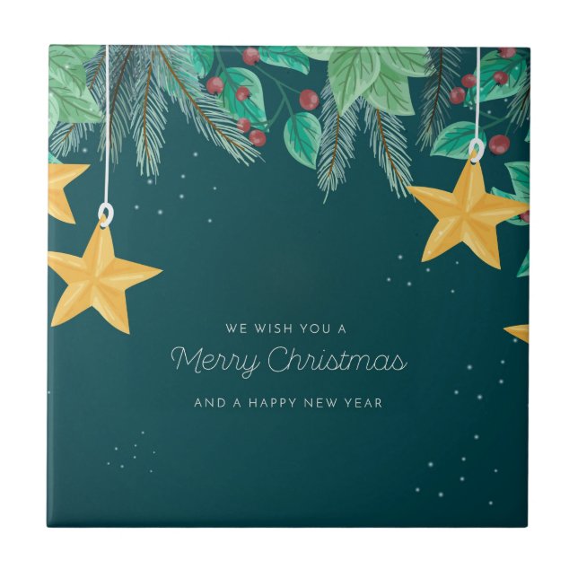 Green Merry Christmas and a Happy New Year Banner Ceramic Tile (Front)