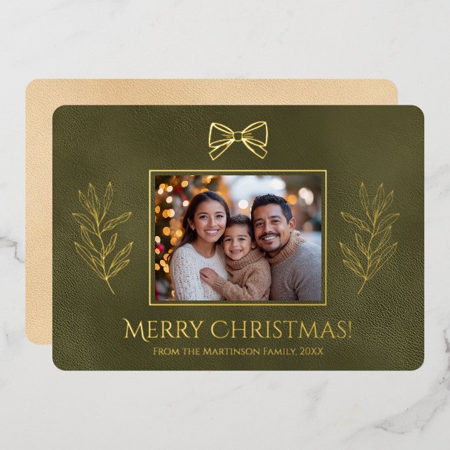 Green Merry Christmas and Branches  Photo  Foil Holiday Card (Front/Back)