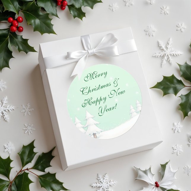 Green Merry Christmas and Snowy Pines Classic Round Sticker (Creator Uploaded)