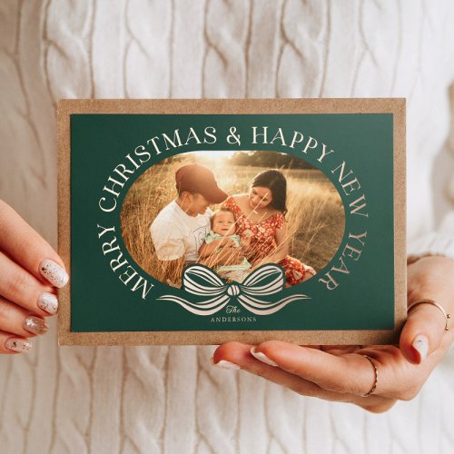 Green Merry Christmas Bow Bronze Foil Holiday Card