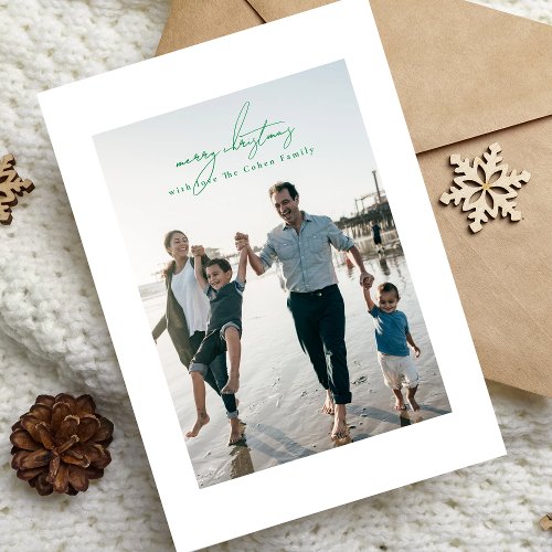 green merry christmas calligraphy mere photo frame holiday card