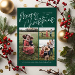 Green Merry Christmas Calligraphy Script 3 Photo Holiday Card<br><div class="desc">Green Merry Christmas Calligraphy Script 3 Photo Plaid Holiday Card features modern calligrapy script on the front,  along with three photos,  and a festive Christmas plaid on the back.</div>