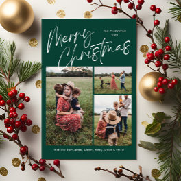 Green Merry Christmas Calligraphy Script 3 Photo Holiday Card