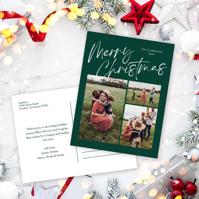 Green Merry Christmas Calligraphy Script 3 Photo Holiday Postcard (Creator Uploaded)