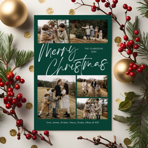 Green Merry Christmas Calligraphy Script 5 Photo Holiday Card