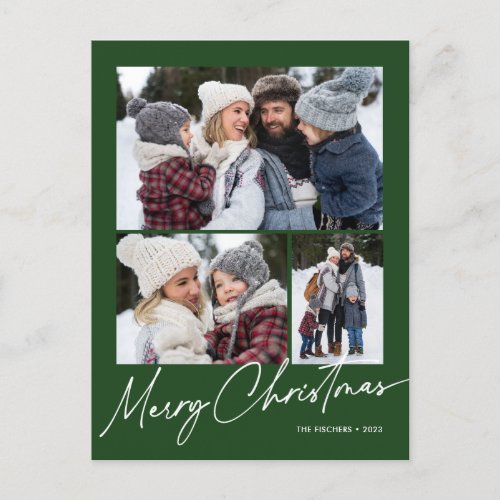 Green Merry Christmas Calligraphy Simple 3 Photo Holiday Postcard