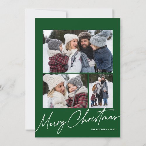 Green Merry Christmas Calligraphy Simple 4 Photo Holiday Card