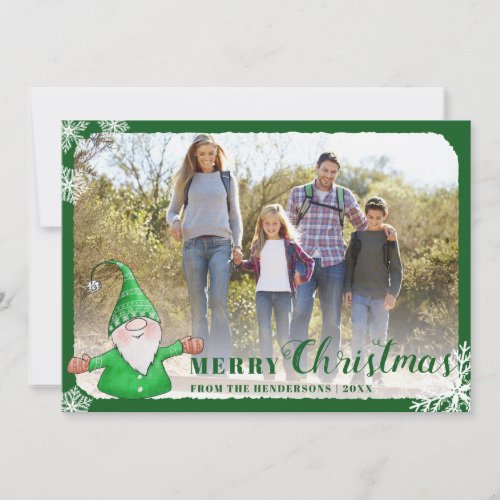 Green Merry Christmas Cute Gnome Family Photo Holiday Card