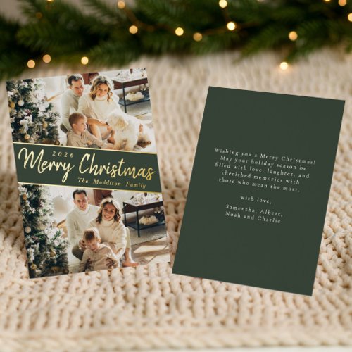 Green Merry Christmas Diagonal Family Photos Foil Holiday Card