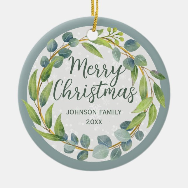 Green Merry Christmas Family Name Wreath Ceramic Ornament (Front)