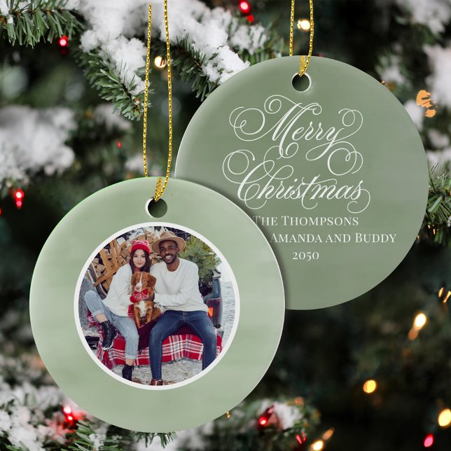 Green Merry Christmas Family Photo Custom Ceramic Ornament (Merry Christmas Calligraphy Script Holiday Photo Ornament)