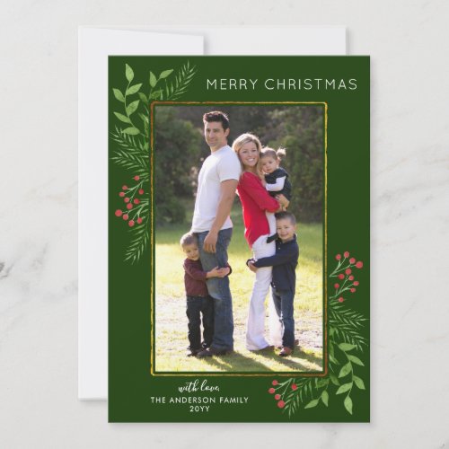 Green Merry Christmas Festive Leaves Berries Photo Holiday Card