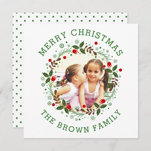 Green Merry Christmas floral wreath photo Holiday Card