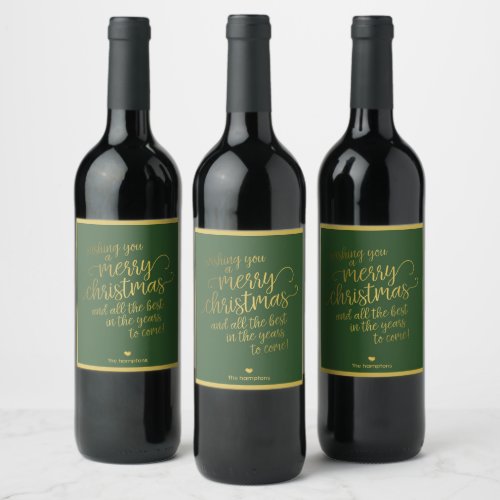 Green Merry Christmas Gold Script Calligraphy Wine Label