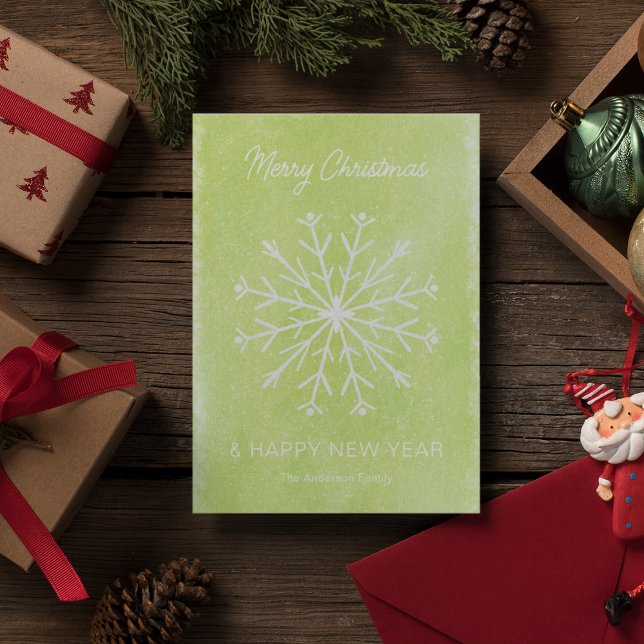 Green Merry Christmas Happy New Year Snowflake Holiday Card (Front
)