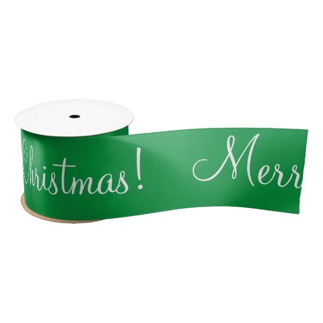 Green Merry Christmas Holiday Script Modern Satin  Satin Ribbon (Spool)