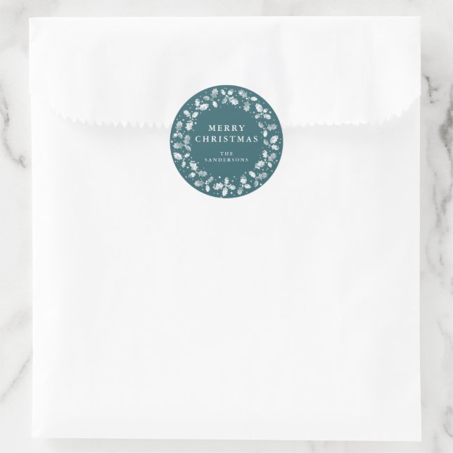 Green Merry Christmas Holly Wreath Christmas Classic Round Sticker (Bag)
