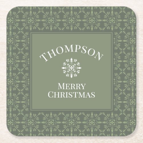 Green Merry Christmas Modern Elegant Snowflakes Square Paper Coaster